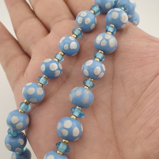 Vintage Venetian Style Light Blue White Dotted Glass Beads Necklace