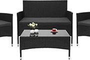 A Set of 4 Wicker Garden Furniture Lounge Coffee Table Rattan Furniture Set for Balcony/Garden/Lounge - Black, Dark Grey Cushions