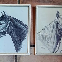 70s pair of framed equine pencil drawings