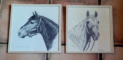 70s pair of framed equine pencil drawings