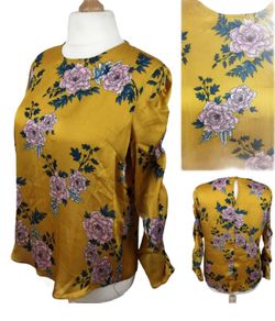 V By Very Ladies Mustard Yellow Floral Blouse With Long Rushed Sleeves Uk 16