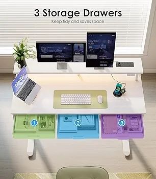 Electric Standing Desk, 120 x 54cm Height Adjustable Desk with 3 Drawers, RGB LED Strip & Charging Station for Home Office Computer Workstation, Computer Table with Monitor Stand, White