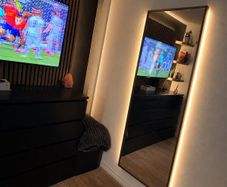 brass mirror with led strip lighting + drawers