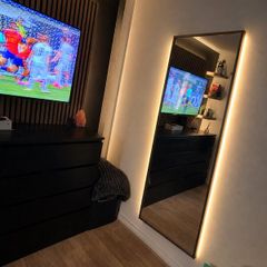 brass mirror with led strip lighting + drawers