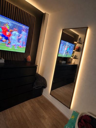brass mirror with led strip lighting + drawers