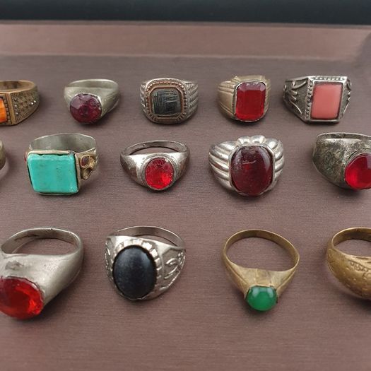 Antique Brass Ring Collection 15 Mixed Handmade Stone & Glass Rings