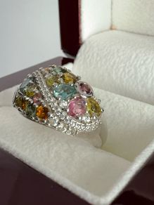 Silver Multi-Tourmaline & White Zircon Cluster Ring