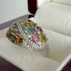 Silver Multi-Tourmaline & White Zircon Cluster Ring