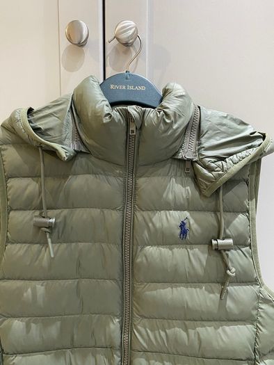 Designer brand Polo Ralph Lauren army khaki Green sleeveless quilted gilet with removable hood BRAND NEW