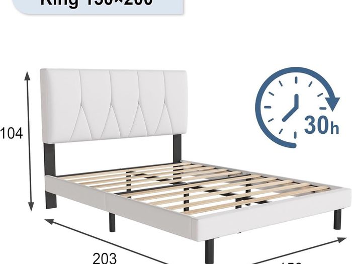 King Bed Frame, White, Upholstered Wooden Slat Bed Frame with Headboard