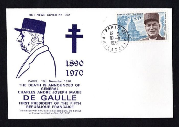 1970 France cover (Not News Cover No 002) marking the passing of General Charles Andre Joseph Marie De Gaulle, First president of the Fifth Republique Francaise tying commemorative stamp