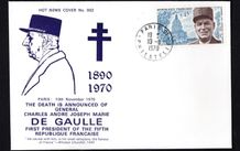 1970 France cover (Not News Cover No 002) marking the passing of General Charles Andre Joseph Marie De Gaulle, First president of the Fifth Republique Francaise tying commemorative stamp
