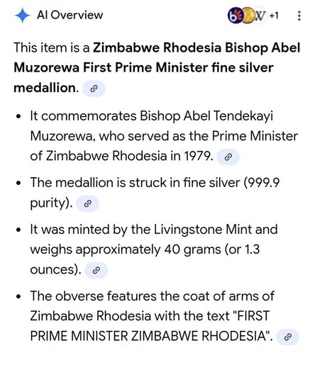 Zimbabwe Rhodesia 1979 Bishop Muzorewa First Prime Minister 999.9 Silver 40 Grams