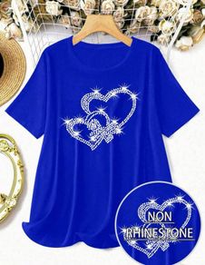 Women's Summer Rhinestone Heart Print Round Neck Short Sleeve Top - Size 5XL