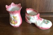Vintage Pink Staffordshire pottery vase and boot planter