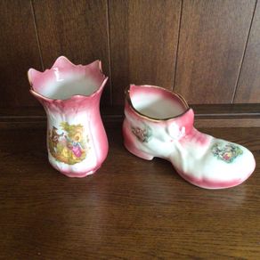 Vintage Pink Staffordshire pottery vase and boot planter