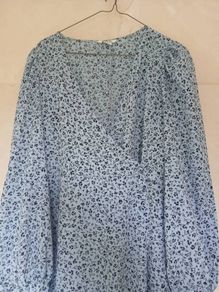 full length monkl blue summer dress with long sleeves.