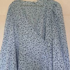 full length monkl blue summer dress with long sleeves.