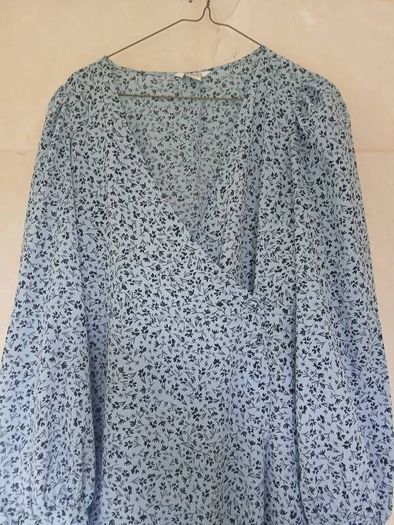 full length monkl blue summer dress with long sleeves.