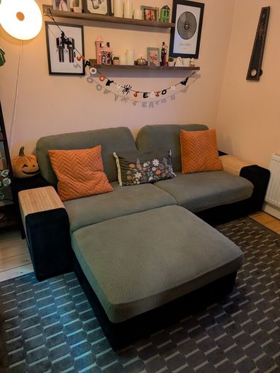 Green 3 seater sofa with matching footrest