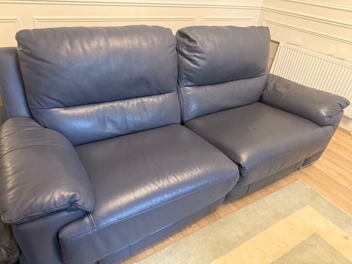 Blue Leather DFS Recliner Sofa & Footstool