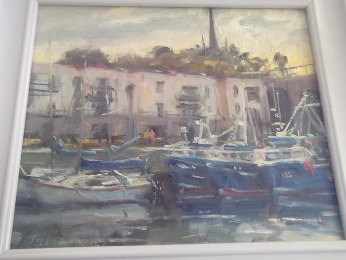 a oil painting by a dublin artist norman teeling of balbriggan harbour