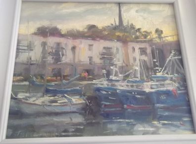 a oil painting by a dublin artist norman teeling of balbriggan harbour
