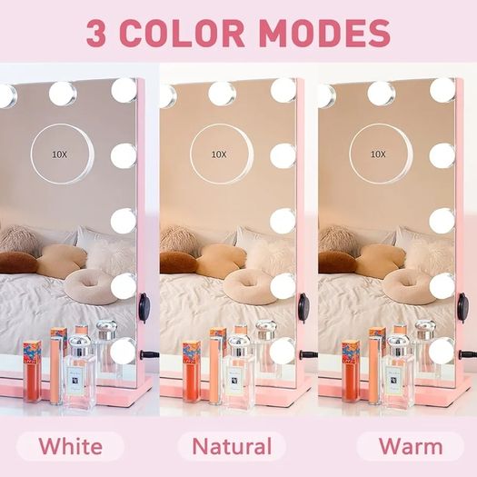 Hollywood Make-Up Mirror with Lights, Hollywood Makeup Mirror with 15 Dimmable Bulbs, Touchscreen Mirror with USB Table Top Mirror with 3 Colour Modes, Removable 10 x Magnifying Glass, Pink