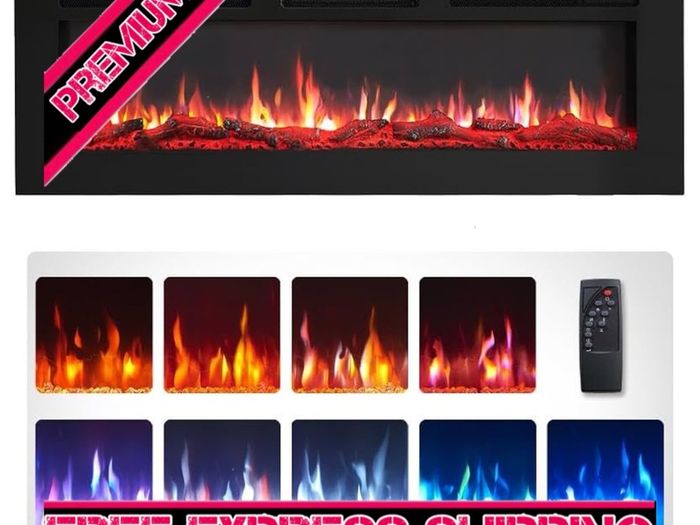 SALE FlameKo Wilton 50''/127cm 3 in 1 Electric Fireplace, Freestanding, Wall Mounted, Recessed, 9 Colour Flame Effect, Media Wall Compatible, 900W - 1800W Heater, Remote Control, Black