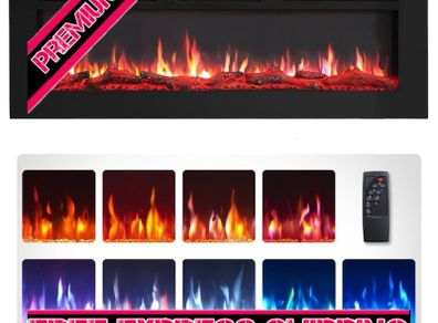 SALE FlameKo Wilton 50''/127cm 3 in 1 Electric Fireplace, Freestanding, Wall Mounted, Recessed, 9 Colour Flame Effect, Media Wall Compatible, 900W - 1800W Heater, Remote Control, Black