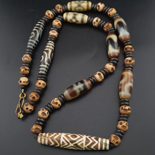 Antique Burmese Pumtek Pyu & Himalayan Tibetan Agate with Skull Shape Beads Necklace