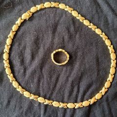 1980's vintage 14k gold necklace with XO diamond cut with latch and matching ring