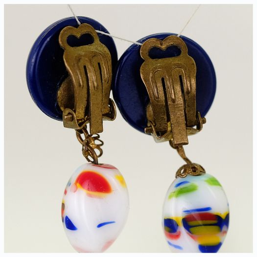 Retro Murano Millefiori Glass Long Drop Clip On Earrings