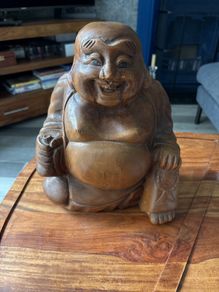Hand Carved Wooden Laughing Buddha Statue Large & Heavy