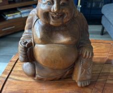 Hand Carved Wooden Laughing Buddha Statue Large & Heavy