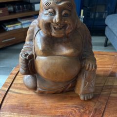 Hand Carved Wooden Laughing Buddha Statue Large & Heavy