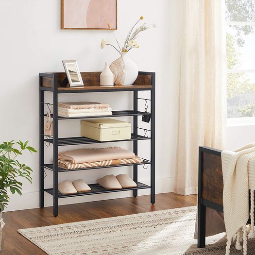 _Shoe rack, 4 grid shelves, for 14 pairs of shoes, raised side edges, for sneakers, high heels, slippers, industrial style, vintage-brown-black