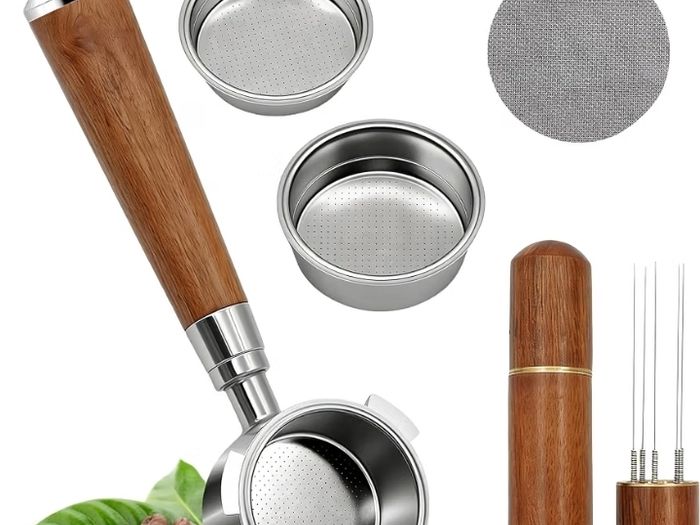 51mm Bottomless Portafilter 3 Ears, Compatible with Delonghi EC680/EC685  100% Stainless Steel with 2 Filter Baskets(Single+Double Shots), WDT Tool, Puck Screen, Metal Base, Solid Wood Handle