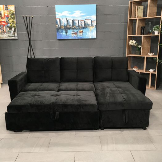 Black Velvet corner sofa bed with storage