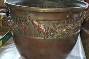 Antique Art Nouveau Copper Repousse Planter, likely produced by Fives-Lille around 1900s, features intricate floral relief decoration and a well-preserved antique patina, Postage Available or Collection,