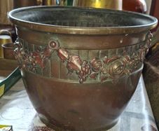 Antique Art Nouveau Copper Repousse Planter, likely produced by Fives-Lille around 1900s, features intricate floral relief decoration and a well-preserved antique patina, Postage Available or Collection,