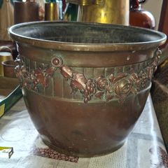 Antique Art Nouveau Copper Repousse Planter, likely produced by Fives-Lille around 1900s, features intricate floral relief decoration and a well-preserved antique patina, Postage Available or Collection,