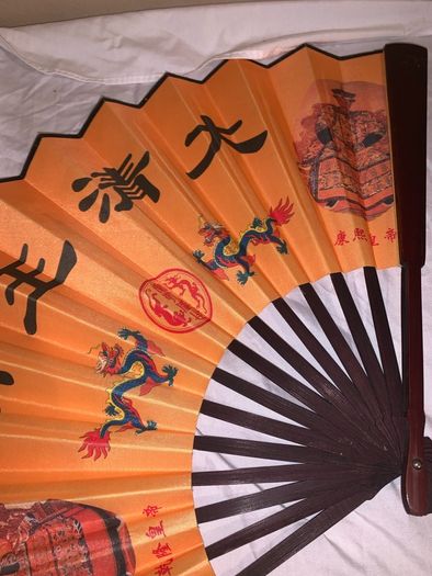 Vintage wooden hand fan- ornamental Chinese emperor design