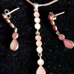 Silver and Pink Opal Necklace  and Earrings Set