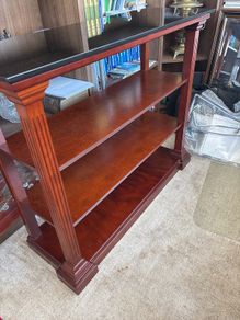 Polished marble and solid wood shelving unit