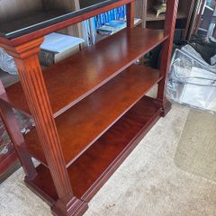 Polished marble and solid wood shelving unit