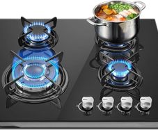 Gas Hob 4 Burners, 60cm Black Glass Built-in Cooktop with 8060W Wok Burner & Thermocouple Protection, Natural Gas & LPG Compatible