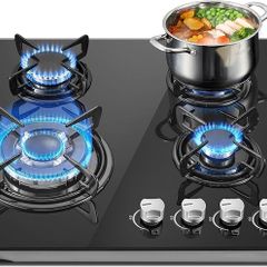 Gas Hob 4 Burners, 60cm Black Glass Built-in Cooktop with 8060W Wok Burner & Thermocouple Protection, Natural Gas & LPG Compatible