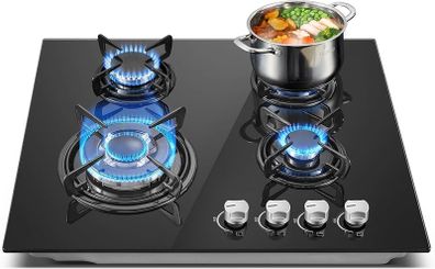 Gas Hob 4 Burners, 60cm Black Glass Built-in Cooktop with 8060W Wok Burner & Thermocouple Protection, Natural Gas & LPG Compatible