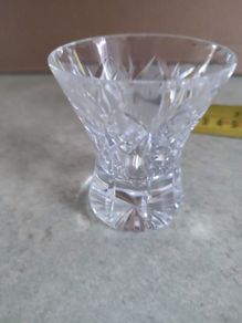 A lovely Crystal cut small glass or vase as toothpick holder no stamped but may be waterford crystal..